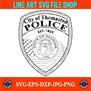 Peut inclure: Dessin au trait noir et blanc de l'insigne de la police de la ville de Thomaston. L'insigne porte l'inscription "City of Thomaston POLICE EST. 1825" et comprend le sceau de l'État de Géorgie. L'image contient également le texte "LINE ART SVG FILE SHOP" et "SVG-EPS-DXF-JPG-PNG".
