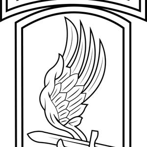 May include: A black and white graphic emblem featuring a shield-shaped patch with a central design of a stylized wing and a horizontal sword. Above the shield, a curved tab contains the text AIRBORNE in bold, capitalized black letters.