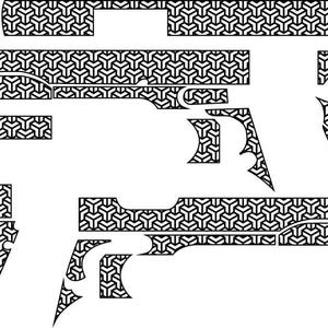 May include: Black and white gun grip and frame overlay set. The design features a repeating geometric pattern. The set includes grip panels, frame pieces, and other components for customization. The design is suitable for firearm enthusiasts.