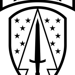 May include: Black and white graphic of a shield with the word "ADVISOR" above. The shield features a sword, stars, and geometric shapes. The design is bold and symmetrical, suitable for apparel or accessories.