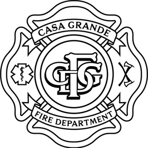 May include: A black and white circular emblem featuring the text CASA GRANDE FIRE DEPARTMENT on banners. The center displays the letters CGD, with a Star of Life symbol on the left and crossed axes on the right, all enclosed in a decorative border.