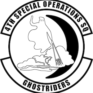 May include: A black and white emblem featuring a ghost-like figure riding a crescent moon, with clouds and a stylized trail. The text "4TH SPECIAL OPERATIONS SQ" and "GHOSTRIDERS" are in a circular border.