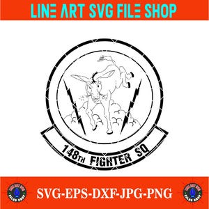 May include: Black and white line art graphic of a donkey jumping within a circular emblem, flanked by lightning bolts. The text "148th FIGHTER SQ" is displayed below the emblem. The image also includes the text "LINE ART SVG FILE SHOP" and "SVG-EPS-DXF-JPG-PNG".