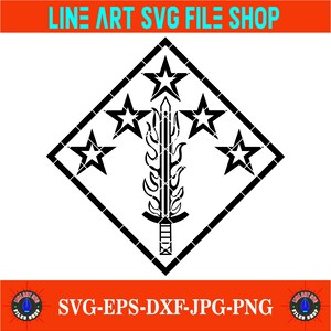 May include: A black and white line art design of a sword with flames, set within a diamond shape and surrounded by stars. The image includes the text "LINE ART SVG FILE SHOP" and "SVG-EPS-DXF-JPG-PNG".