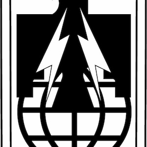 May include: A black and white graphic emblem. It features an eagle silhouette above a square, with lightning bolts and a globe design. The emblem is enclosed within a rectangular border.