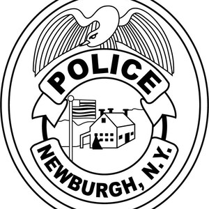 May include: A circular black and white emblem featuring an eagle at the top with wings spread. A banner across the center reads POLICE. Below, a building with a flag is depicted, and a bottom banner reads NEWBURGH, N.Y. in bold capital letters.
