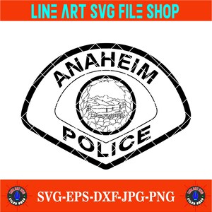 May include: Black and white Anaheim Police badge design. The badge features the word "ANAHEIM" at the top, "POLICE" at the bottom, and a central emblem depicting a landscape. The image also includes the text "LINE ART SVG FILE SHOP" and "SVG-EPS-DXF-JPG-PNG".