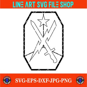 May include: Black and white line art design featuring crossed swords and a star within a hexagonal frame. The image includes the text "LINE ART SVG FILE SHOP" and "SVG-EPS-DXF-JPG-PNG" in orange and white.
