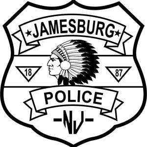 May include: Black and white Jamesburg Police badge. The badge features the word "JAMESBURG" above a profile of a Native American in a headdress. The word "POLICE" is below the image, with "NJ" at the bottom.