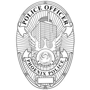 May include: Black and white Phoenix Police Officer badge. The badge features a central emblem of a bird with outstretched wings, a building, and the words "Police Officer" and "Phoenix Police".