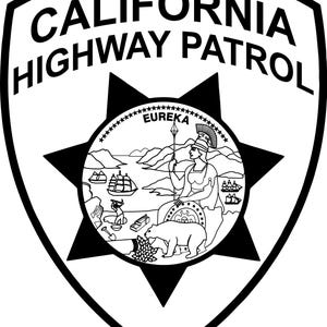 May include: A black and white shield-shaped emblem featuring the text CALIFORNIA HIGHWAY PATROL at the top. Inside a central star, a detailed illustration depicts a figure with a spear, a bear, a ship, and the word EUREKA on a banner.