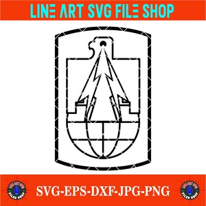 May include: Black and white line art design featuring an eagle above a stylized globe and lightning bolts, within a shield-shaped frame. The text "LINE ART SVG FILE SHOP" is at the top, and "SVG-EPS-DXF-JPG-PNG" is at the bottom.