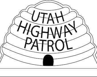 May include: A black and white graphic of the Utah Highway Patrol logo. The design features a beehive shape with the words "UTAH HIGHWAY PATROL" in bold, black letters. A small, black arched opening is at the bottom.