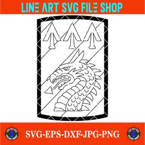 May include: Black and white line art of a dragon's head within a shield shape. The image includes the text "LINE ART SVG FILE SHOP" at the top and "SVG-EPS-DXF-JPG-PNG" at the bottom, indicating digital file formats.