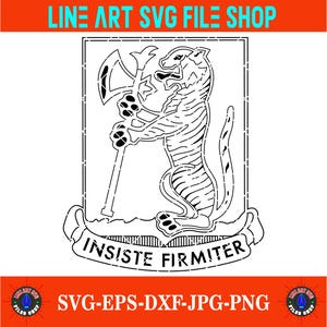 Può includere: Disegno a tratto nero e bianco di una tigre con un'ascia, con il testo "INSISTE FIRMITER" sotto. L'immagine include anche il testo "LINE ART SVG FILE SHOP" e "SVG-EPS-DXF-JPG-PNG".