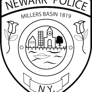May include: Black and white Newark Police badge. The badge features the words "Newark Police" at the top, "Millers Basin 1819" in the middle, and "N.Y." at the bottom. The center design includes buildings, a tree, and a body of water.