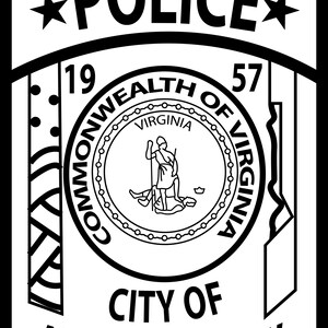 May include: A rectangular black and white police badge graphic featuring the text POLICE at the top, the numbers 19 and 57 on the sides, and the Commonwealth of Virginia seal in the center. The bottom text reads CITY OF MANASSAS PARK.