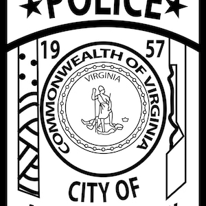 May include: Black and white police badge featuring the text "POLICE" with stars, the words "CITY OF MANASSAS PARK", and the Virginia state seal. The badge includes the year "1957".