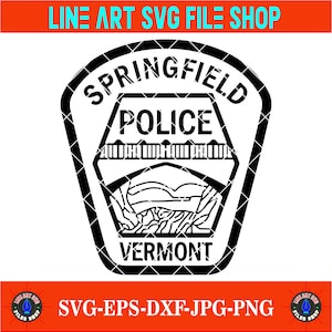 Op de afbeelding: Zwart-wit ontwerp van het Springfield Police Vermont-embleem. Het embleem bevat de woorden "Springfield Police" en "Vermont" in een gestileerd lettertype. Het ontwerp bevat een berg en een tijger.