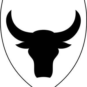 May include: A black bull head silhouette on a white shield. The bull's head is centered, with curved horns and a detailed facial structure. The shield has a thin black outline.