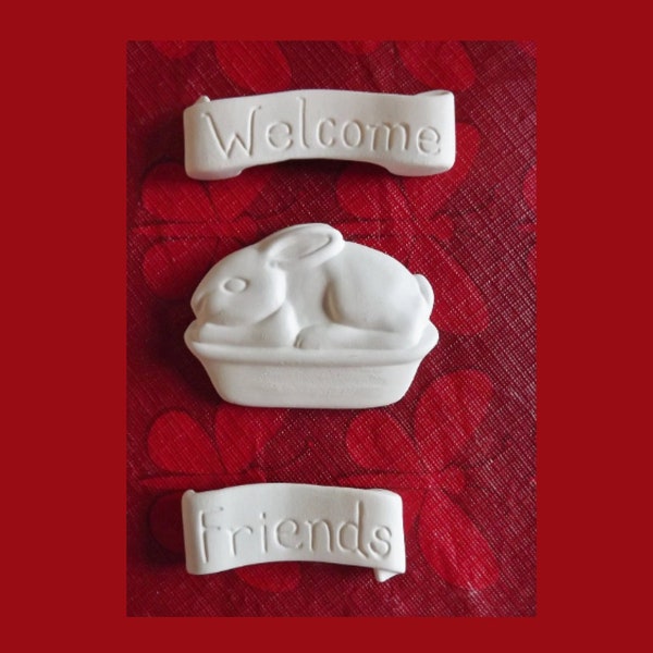 3 Vintage Ceramic Bisque Magnet Flat Backs - WELCOME FRIENDS sign and a Rabbit, Bunny - Ready to Paint DIY