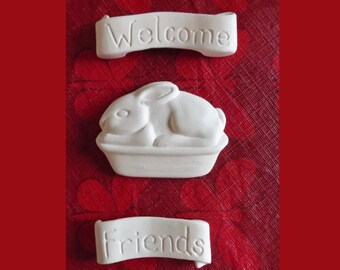 3 Vintage Ceramic Bisque Magnet Flat Backs - WELCOME FRIENDS sign and a Rabbit, Bunny - Ready to Paint DIY