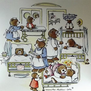May include: A colorful illustration of teddy bears in a hospital setting. The bears are wearing clothes and are in various stages of care. Some are in beds, while others are being cared for by nurses. The illustration is whimsical and heartwarming.