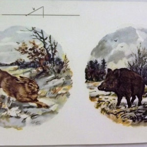 May include: A watercolor illustration of a brown hare running through a snowy landscape on the left and a brown wild boar running through a snowy landscape on the right.