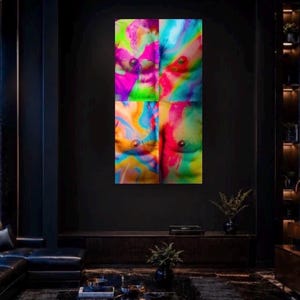 May include: A four-panel artwork featuring a torso with vibrant, abstract color patterns. The colors include pink, green, blue, and yellow, creating a psychedelic effect. The artwork is displayed on a dark wall.