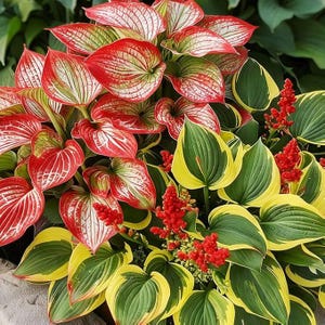 Puede incluir: Primer plano de una planta de hosta con hojas grandes en forma de corazón. Las hojas muestran una llamativa combinación de colores: rojo intenso, blanco, verde y amarillo. Pequeños racimos de flores rojas añaden toques de color al exuberante follaje.