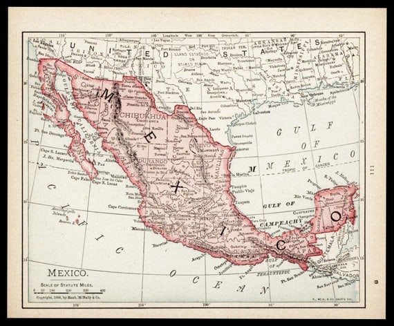 small map of mexico map old color map antique wall decor