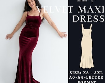 Velvet Maxi Dress PDF Sewing Pattern | Cross Back Strap Gown | Size XS-3XL | Beginner Easy Dress | Instant Download | A0, A4 and US Letter