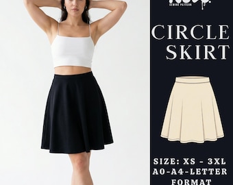 Circle Skirt PDF Sewing Pattern | High Waist Flared Skirt | Size XS-3XL | Beginner Easy Skirt | Instant Download | A0, A4 and US Letter