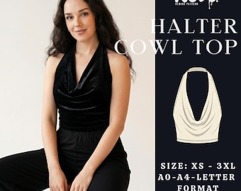 Halter Cowl Top Pattern PDF | Backless Halter Neck Crop Top | Cowl Neck Party Top | A4 A0 US Letter | XS-3XL