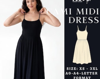 Cami Midi Dress Pattern PDF | Strappy Midi Dress Sewing Pattern | Sleeveless Slip Dress | XS - 3XL | Instant Download | A0, A4 and US Letter