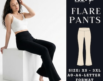 Flare Pants PDF Sewing Pattern | High Waist Bootcut Leggings | Stretch Knit Yoga Pants | A4 A0 US Letter | XS-3XL
