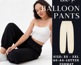 Balloon Pants Sewing Pattern PDF | High Waist Balloon Pants | Elastic Cuff Hem | A4 A0 US Letter | XS to 3XL
