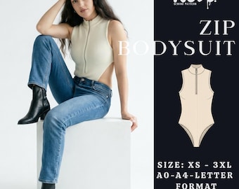 Zip Bodysuit PDF Sewing Pattern | Sleeveless High Neck Bodysuit | Zipper Front | A4 A0 US Letter | XS to 3XL