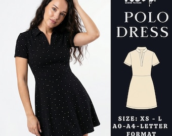 Polo Dress PDF Sewing Pattern | Polo Collar Mini Dress | Skater Fit & Flare Dress | A4 A0 US Letter | Size: XS - L | Sewing Template