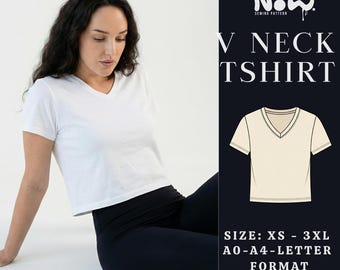 V Neck Tshirt PDF Sewing Pattern | Basic V Neck Tee | Size XS-3XL | Beginner Easy Top | Instant Download | A0, A4 and US Letter