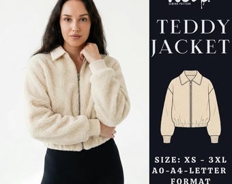 Teddy Jacket PDF Sewing Pattern | Zip Front Sherpa Fleece Jacket | Cropped Outerwear | XS-3XL