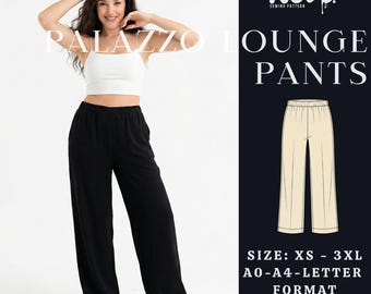 Palazzo Lounge Pants PDF Sewing Pattern | High Waist Wide Leg Pants | Elastic Waist Loungewear Trousers | A4 A0 US Letter | XS-3XL