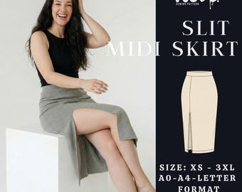 Midi Pencil Skirt PDF Sewing Pattern | Slit Skirt | High Waist Bodycon Skirt | A4 A0 US Letter | XS-3XL