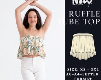 Strapless Flounce Top Pattern PDF | Ruffle Tube Top Sewing Pattern | Summer Crop Top | XS-3XL | A0, A4 and US Letter