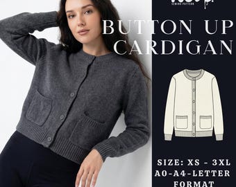 Cropped Button Cardigan Pattern PDF | Knit Cardigan Sewing Pattern | Round Neck Pocket Cardi | XS-3XL