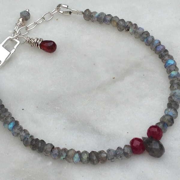 Gemstone Stack bracelet Labradorite faceted gemstones Ruby gems Sterling Silver boho beach  yoga rustic jewelry Sundance