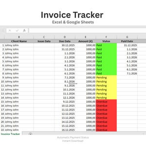 以下が含まれることがあります： ExcelとGoogle Sheets用の「Invoice Tracker」というタイトルのスプレッドシート。表には、請求書番号、クライアント名、発行日と期日、ユーロでの金額、ステータス（支払い済み、保留中、期限切れ）、支払い日が示されています。ステータス列は色分けされています。