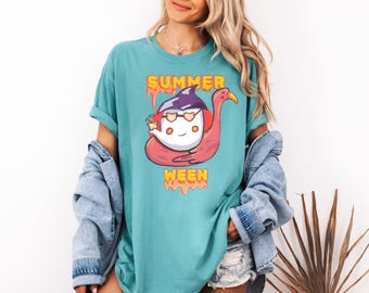 Camiseta Summerween Comfort Colors, camiseta retro Summer Ghost, camiseta con estampado playero, camiseta de Halloween