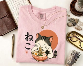 Camiseta Kawaii de Ramen con Gato, Camiseta Neko Linda, Camiseta de Fideos Japoneses, Regalo de Anime de Colores Cómodos