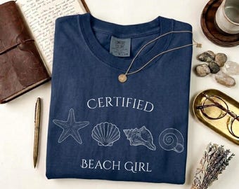 Camiseta Comfort Colors® con diseño de conchas marinas, estilo playero certificado, estampado vintage, camiseta playera costera, camiseta de verano para mujer, regalo para amantes del océano.